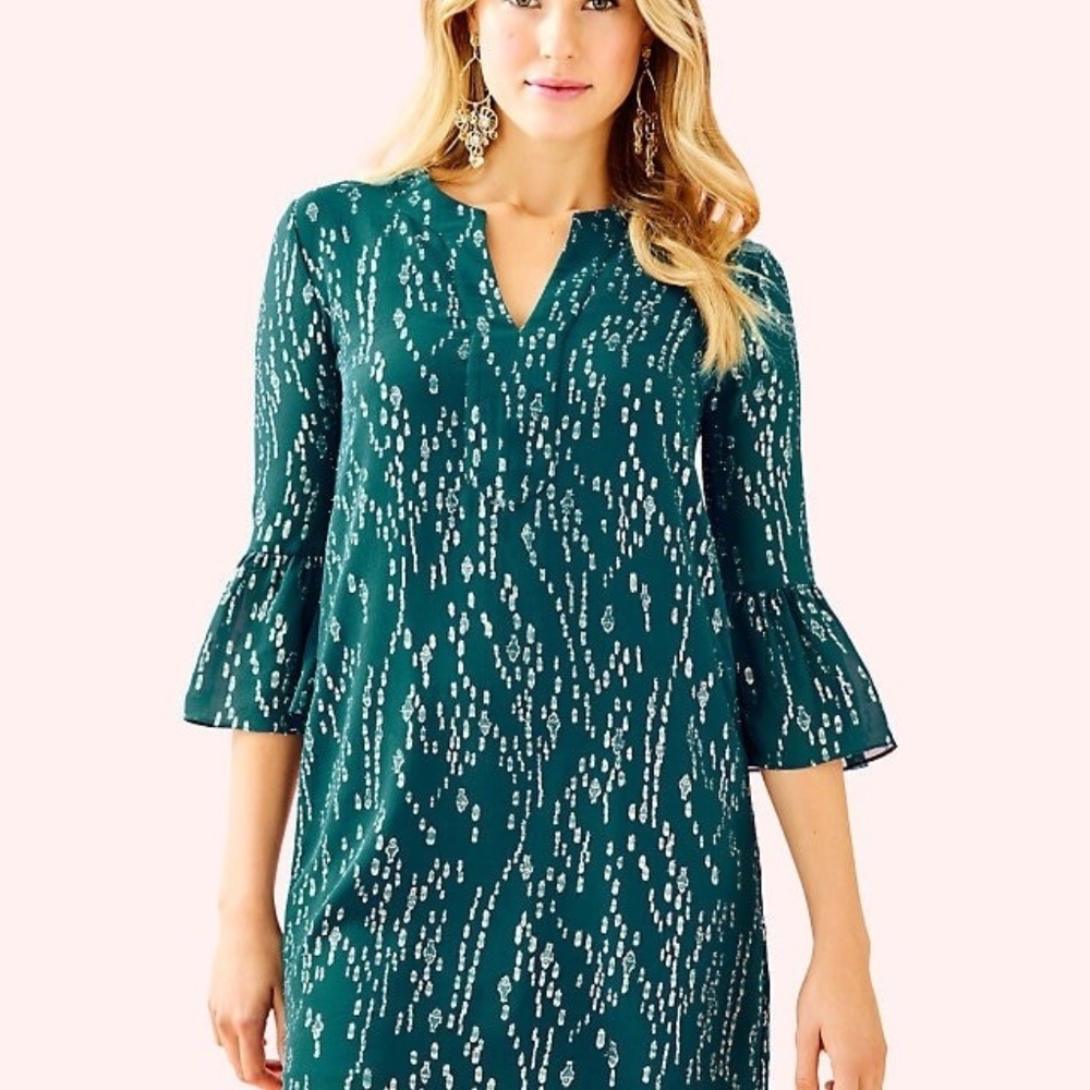Lilly Pulitzer Elenora Dress Tidal Teal Turquiose Green Gold Flecks XS